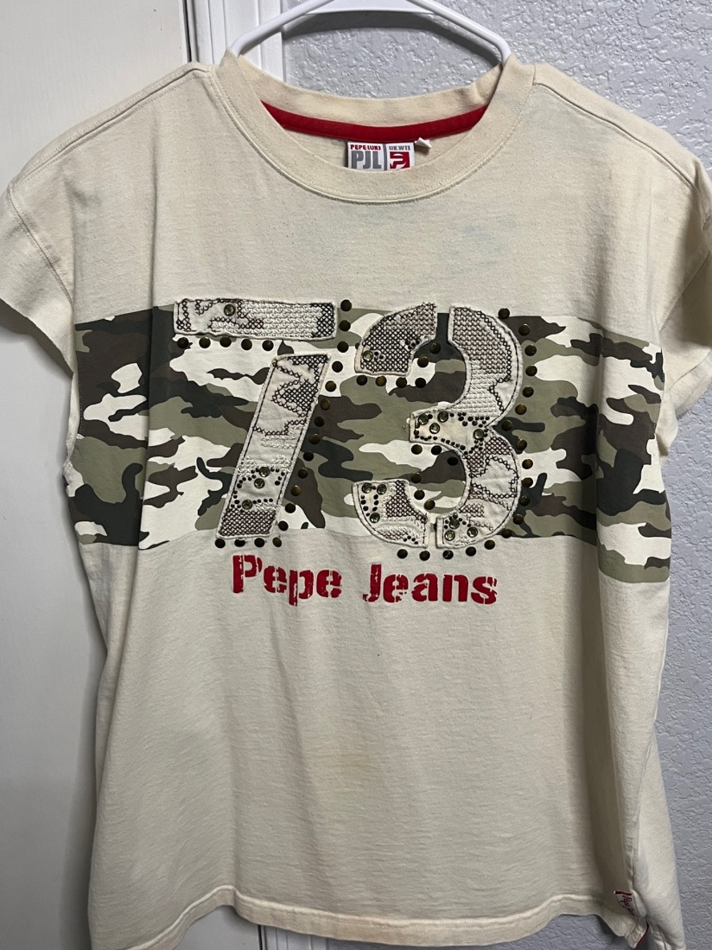 Pepe Jeans Cream Tee with Camouflage Chest and Red Logo